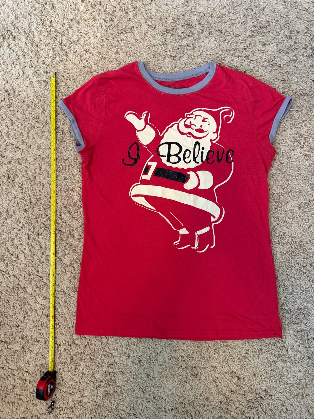 L.O.L. Vintage Red I Believe Santa Graphic Tee with Gray Trim